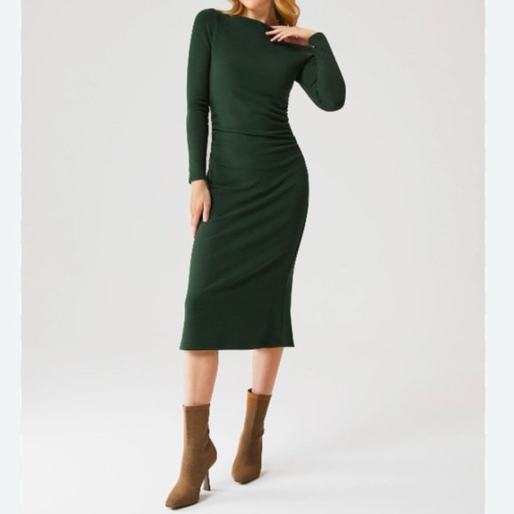 OGL Thermal Boatneck Ruched Sides Brain Midi Dress - Picture 1 of 11